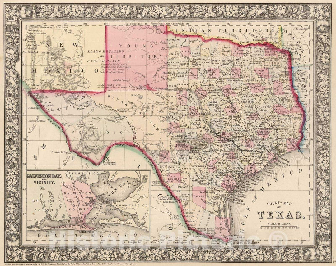 Historic Map : 1865 County map of Texas - Vintage Wall Art