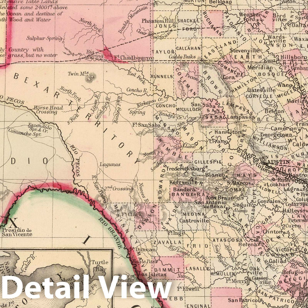 Historic Map : 1865 County map of Texas - Vintage Wall Art