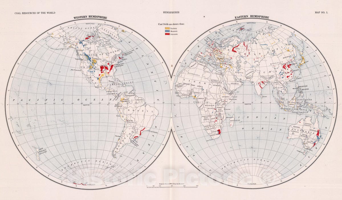 Historic Map : Geologic Atlas - 1913 Hemispheres. Coal Resources of the World. - Vintage Wall Art