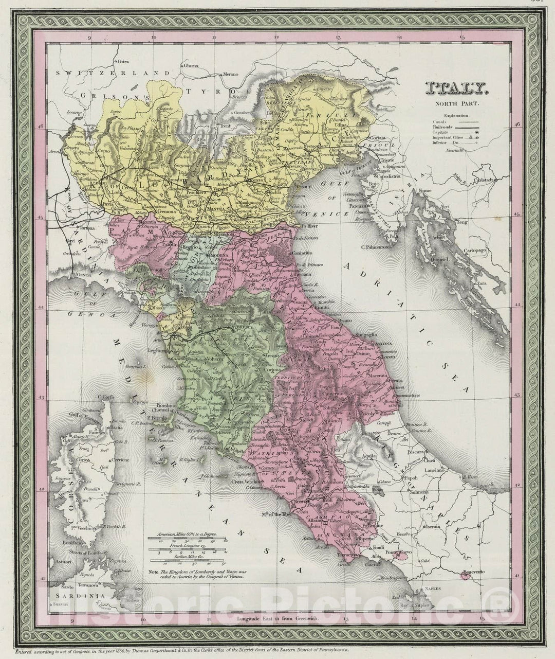 Historic Map : 1855 Italy. North Part - Vintage Wall Art