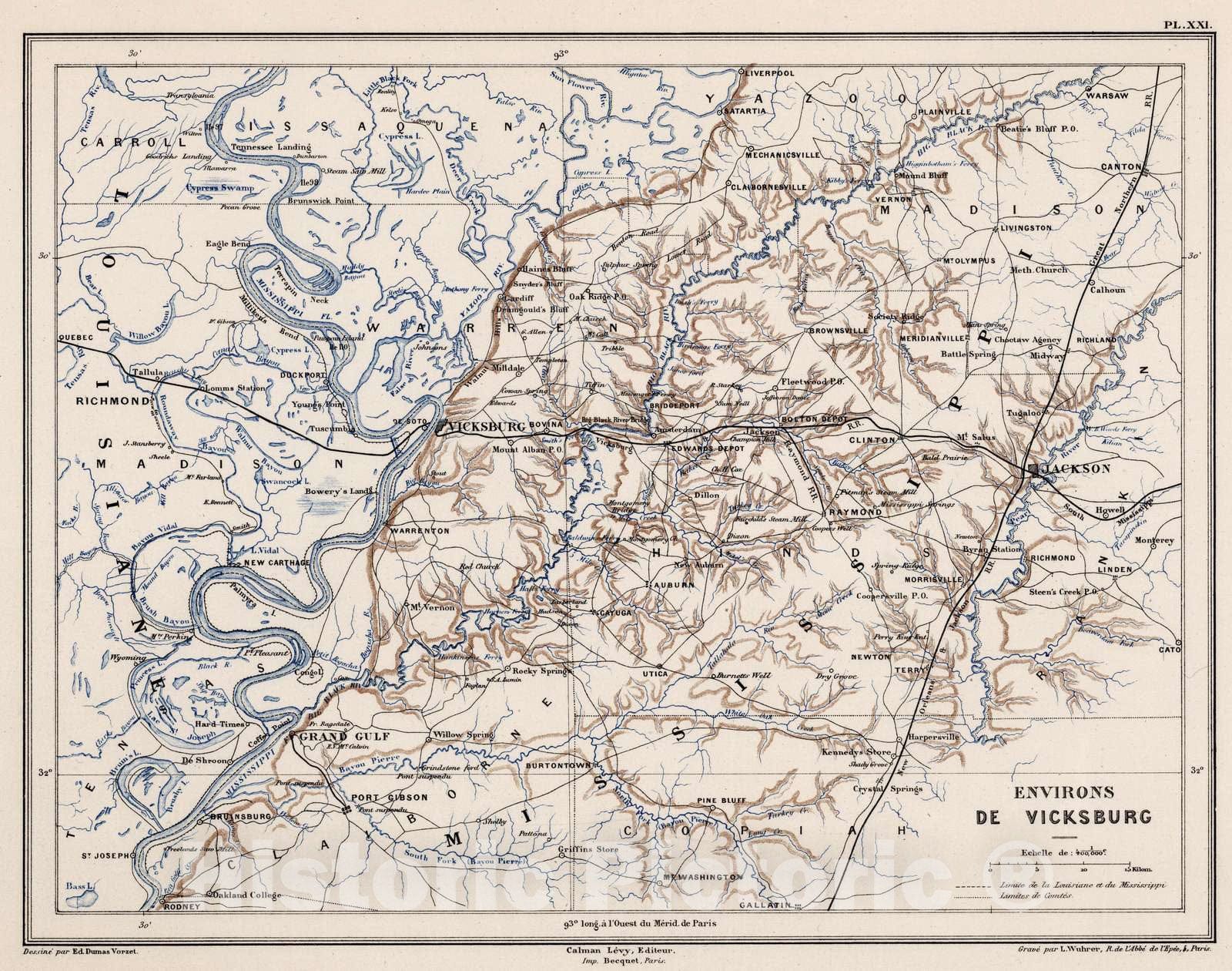 Historic Map : Mississippi, 1875 Planche XXI. Environs de Vicksburg. , Vintage Wall Art