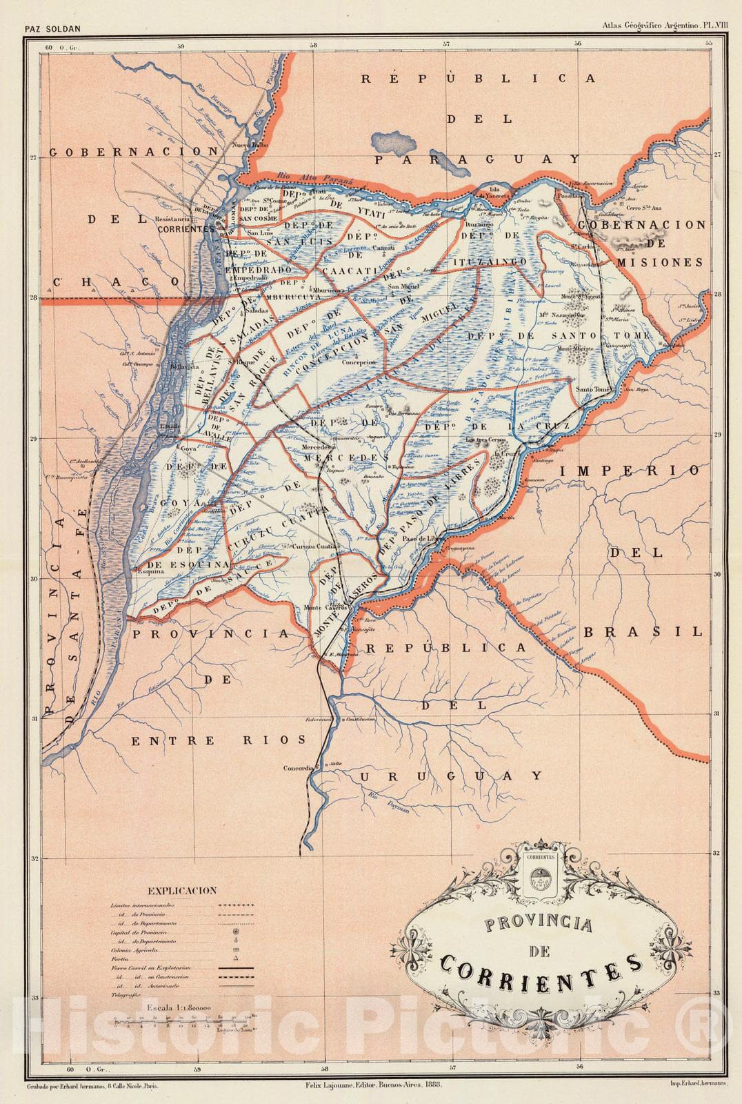 Historic Map : Argentina, Corrientes (Argentina : Province) 1888 Provincia de Corrientes. , Vintage Wall Art