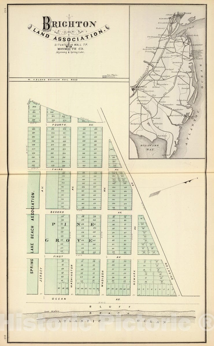 Historic Map : 1878 Brighton Land Association, adjoining Spring Lake. - Vintage Wall Art