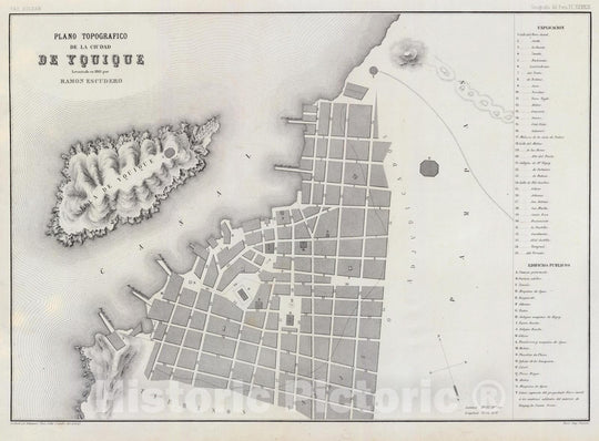 Historic Map : Chile , Iquique (Chile), 1865 Plano topografico, Ciudad de Yquique. , Vintage Wall Art