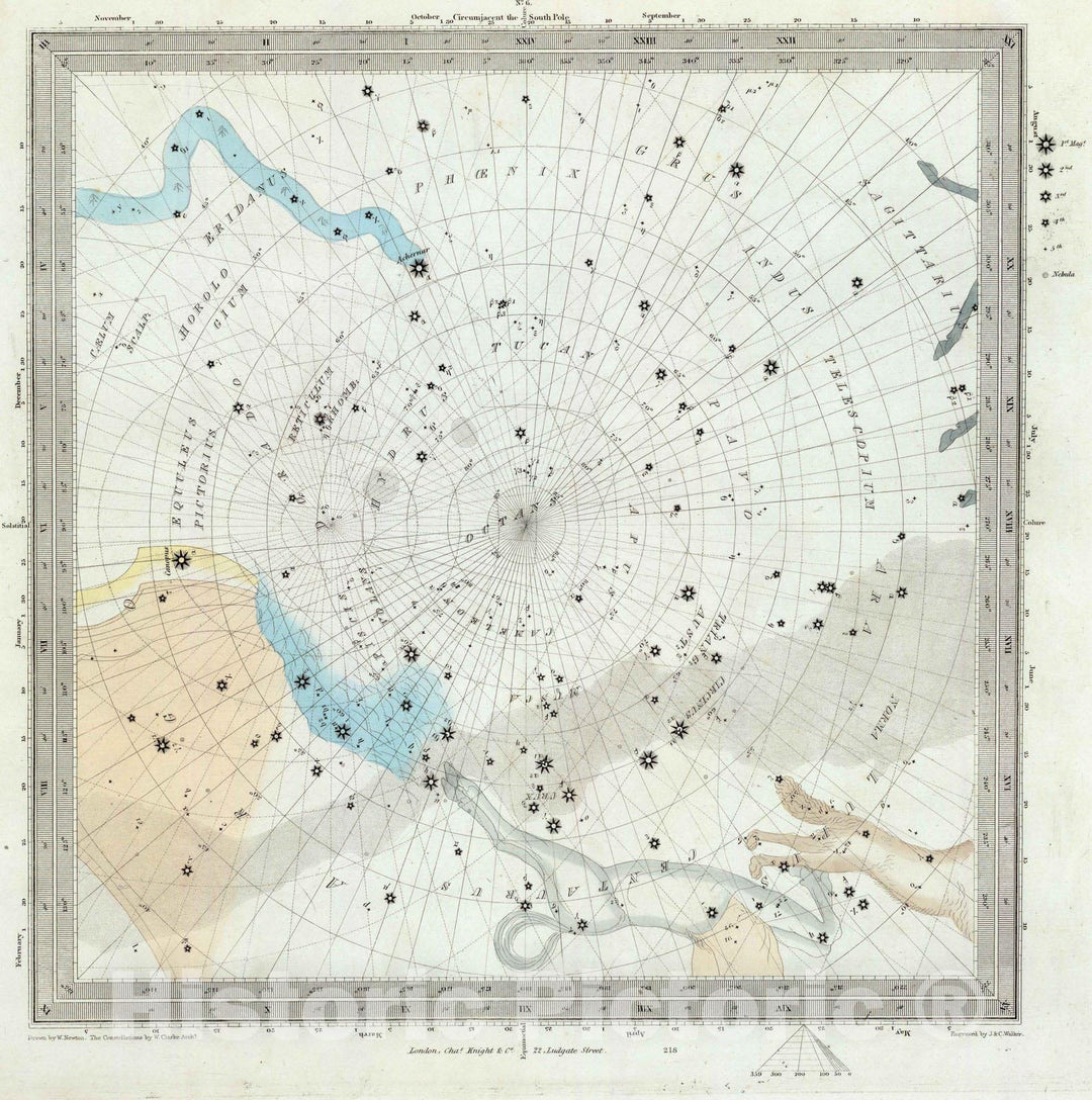 Historic Map : Celestial Atlas - 1844 Anno 1830. No. 6. Circumjacent the South Pole. - Vintage Wall Art