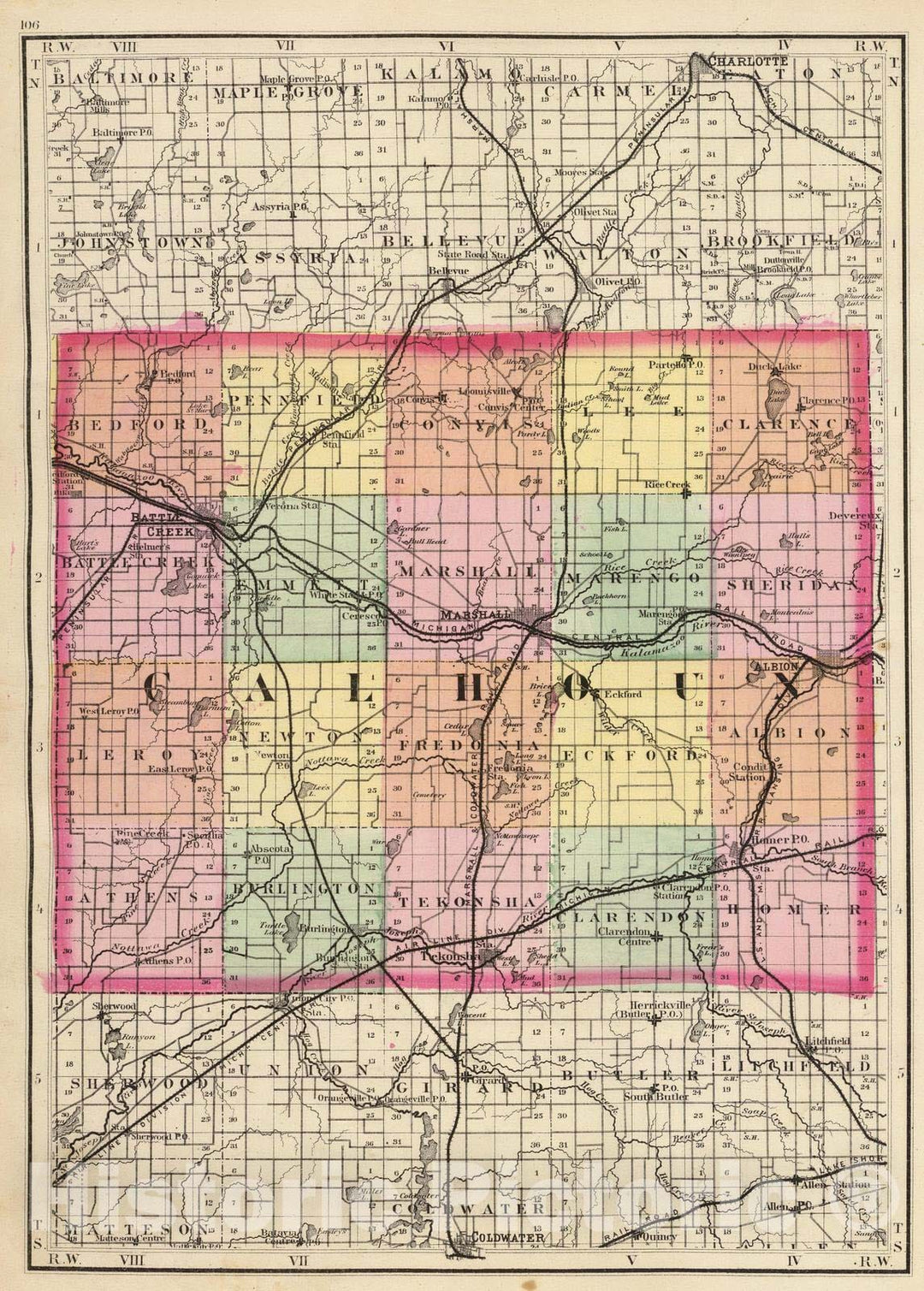 Historic Map : 1873 (Map of Calhoun County, Michigan) - Vintage Wall Art