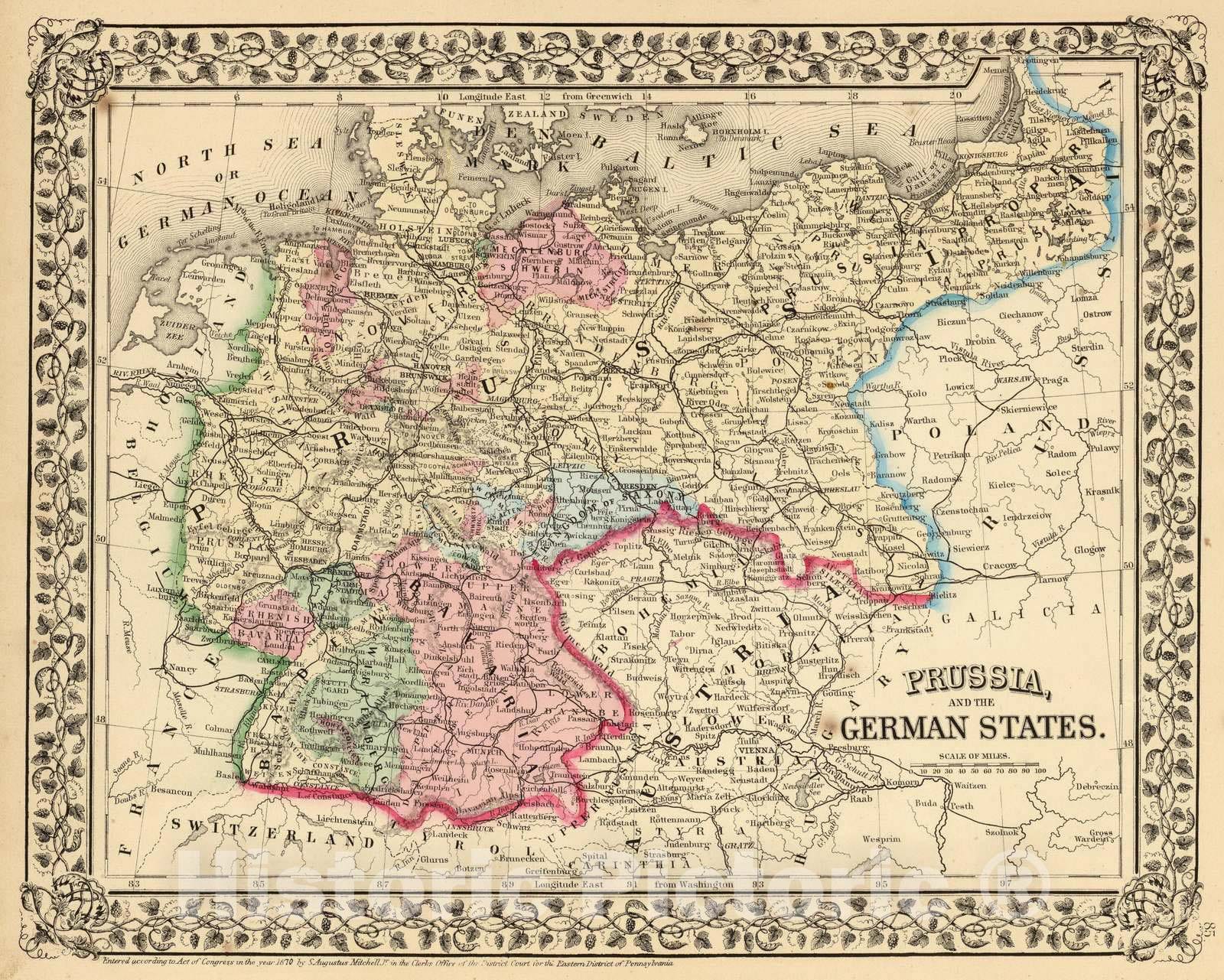 Historic Map : 1870 Prussia, German States. - Vintage Wall Art