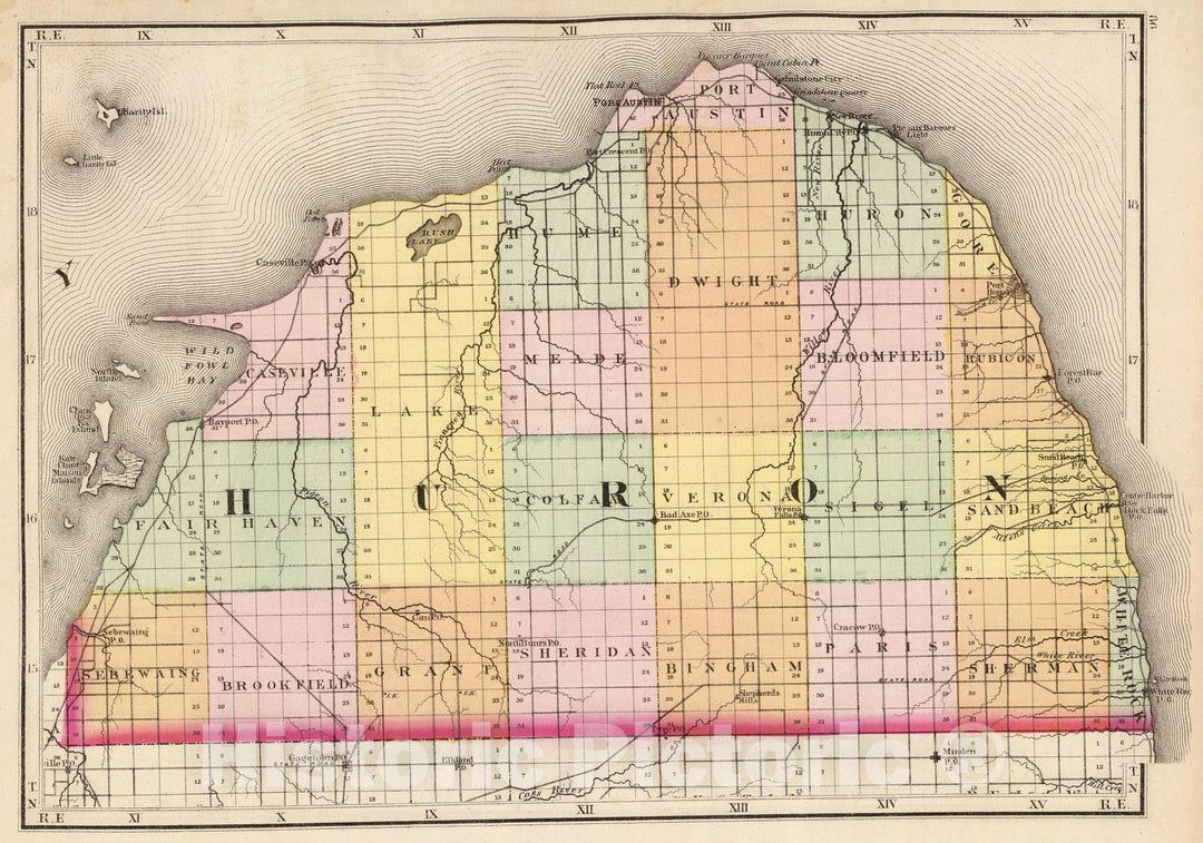 Historic Map : 1873 (Map of Huron County, Michigan) - Vintage Wall Art