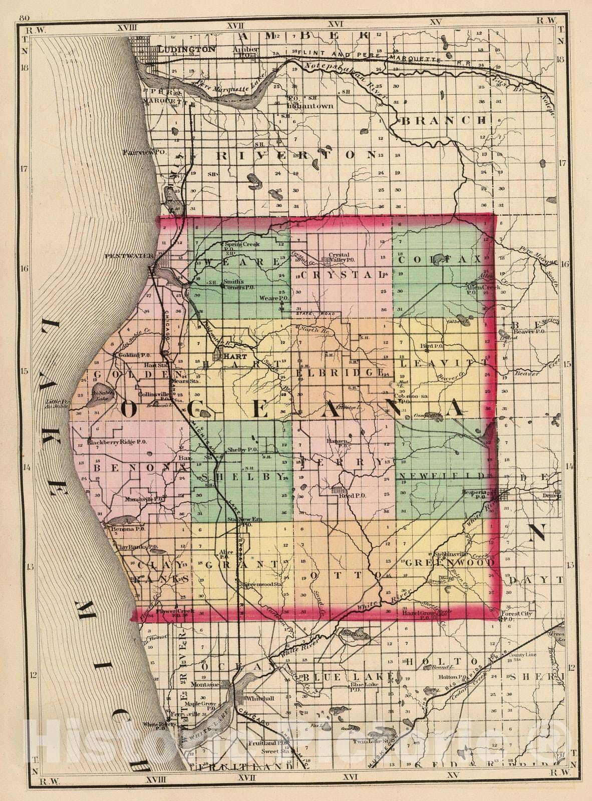 Historic Map : 1873 (Map of Oceana County, Michigan) - Vintage Wall Art