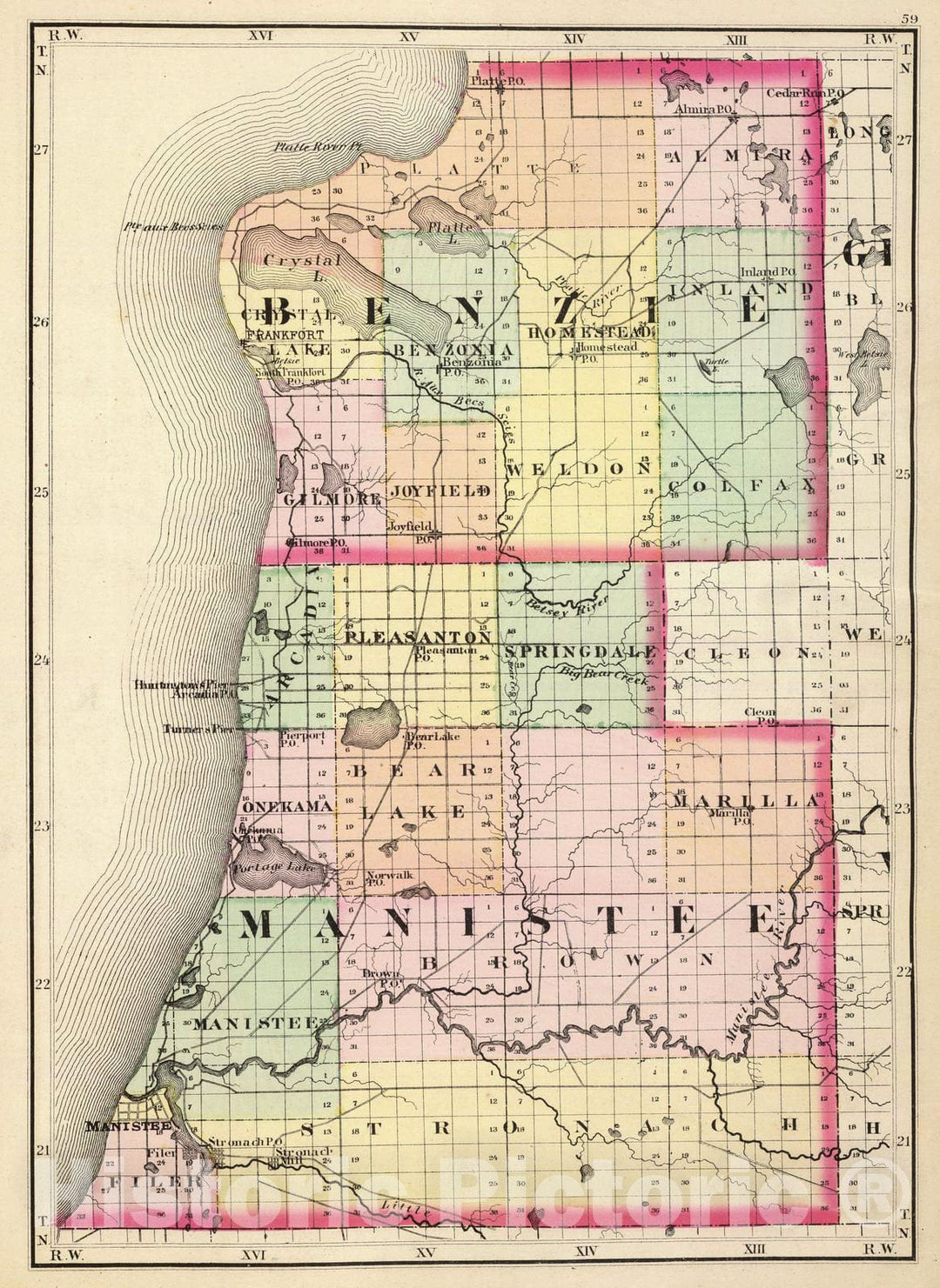 Historic Map : 1873 (Map of Benzie and Manistee counties, Michigan) - Vintage Wall Art