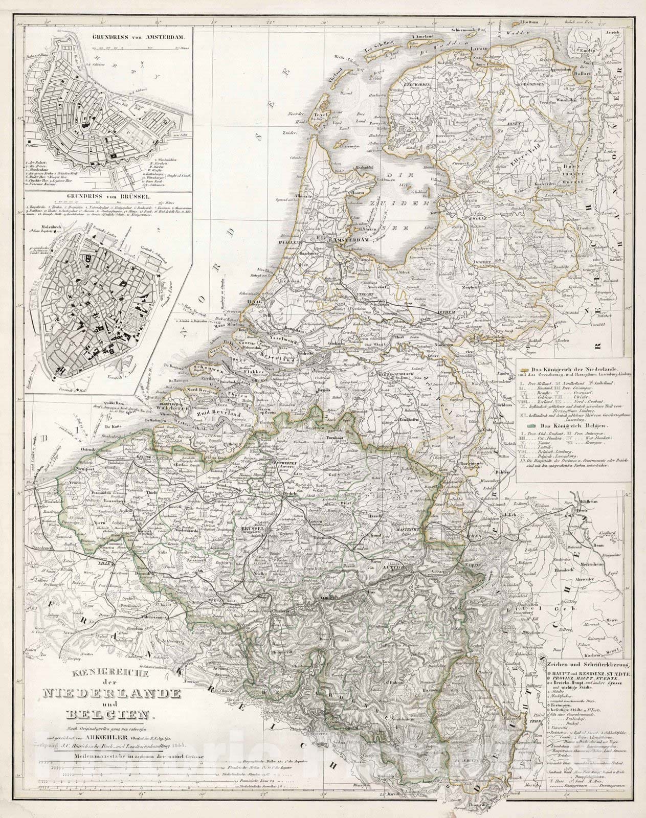 Historic Map : Netherlands, 1854 Koenigreiche der Niederlande und Belgien , Vintage Wall Art