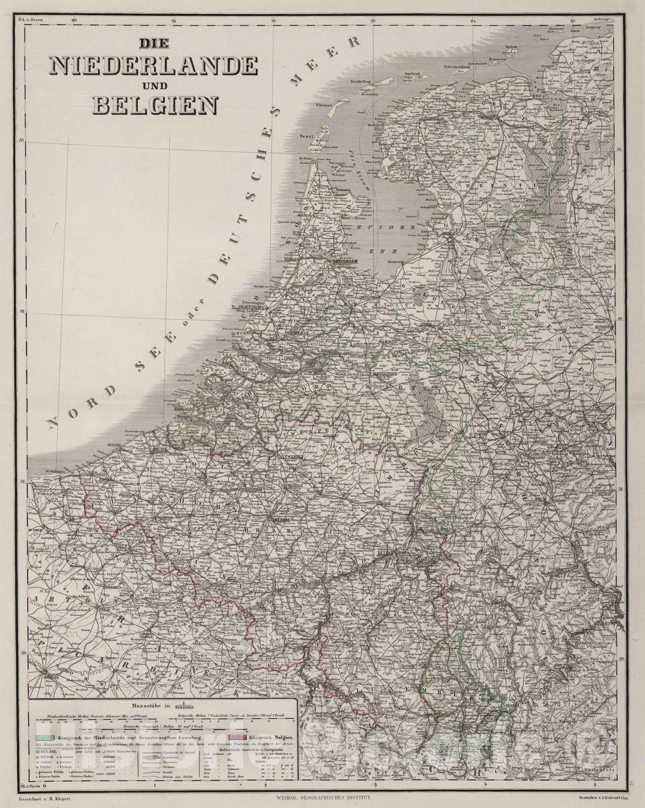 Historic Map : 1875 Netherlands and Belgium. - Vintage Wall Art