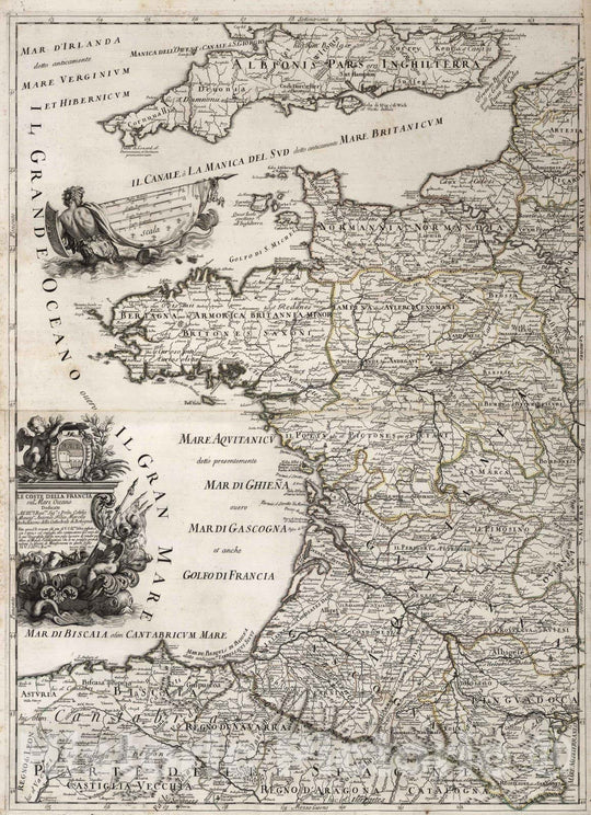 Historic Map : France, , Europe 1692 Le Coste Della Francia sul Mare Oceano , Vintage Wall Art