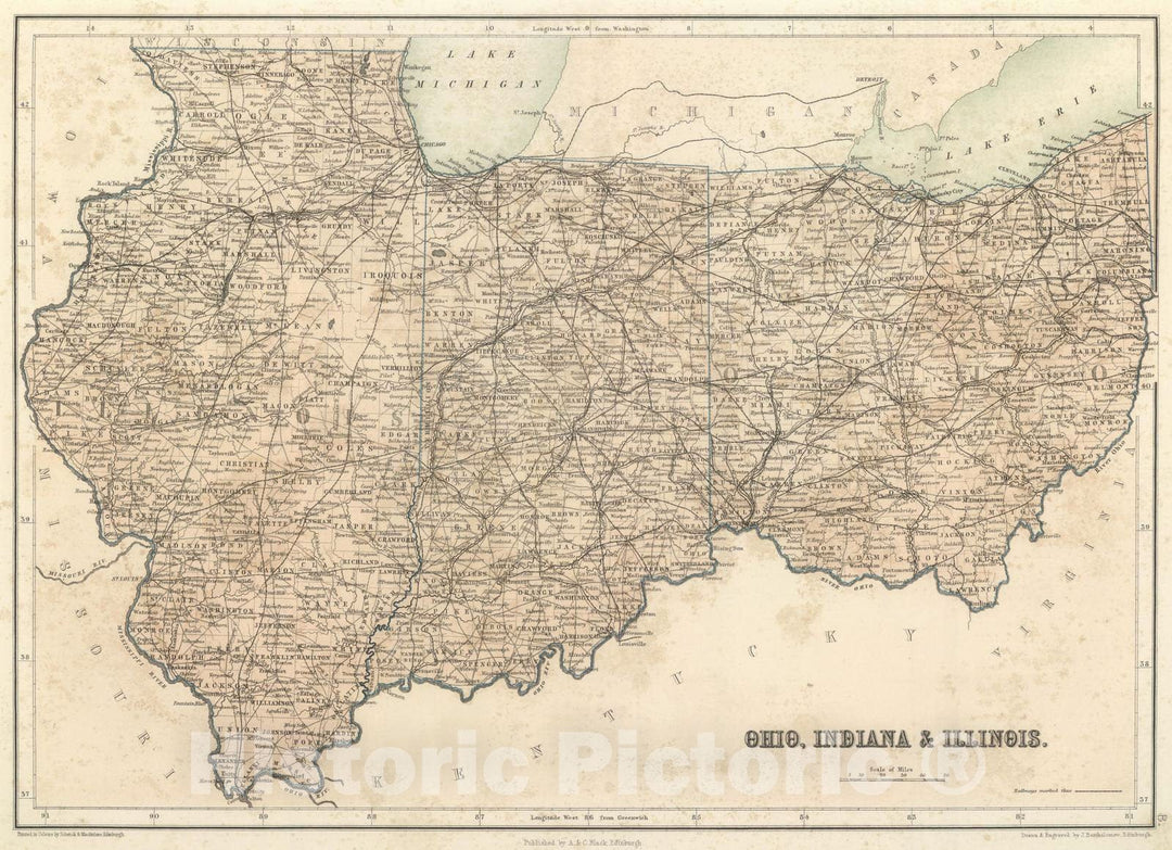 Historic Map : National Atlas - 1856 Ohio, Indiana & Illinois. - Vintage Wall Art