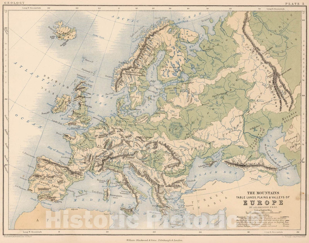 Historic Map : 1852 Mountains, Table Lakes, Plains & Valleys of Europe - Vintage Wall Art