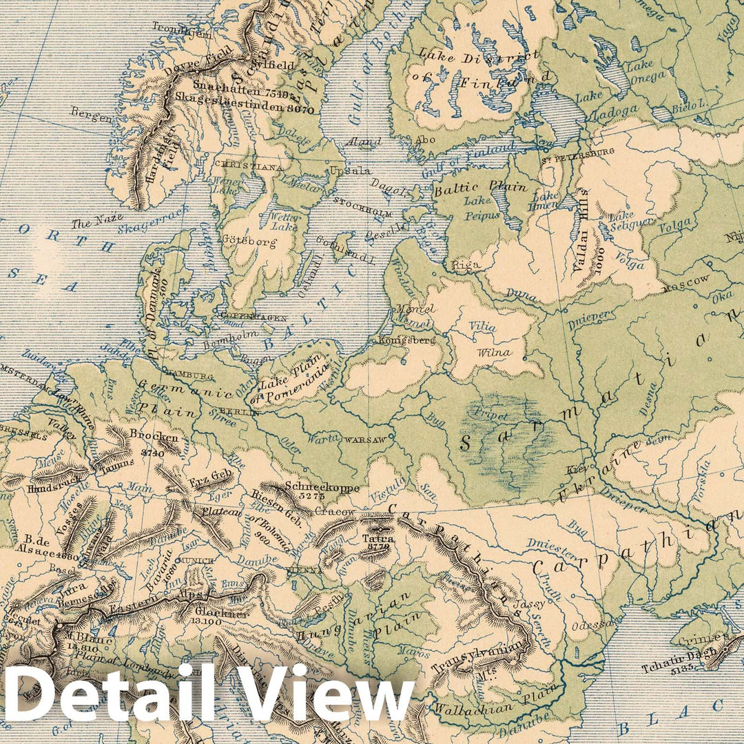 Historic Map : 1852 Mountains, Table Lakes, Plains & Valleys of Europe - Vintage Wall Art