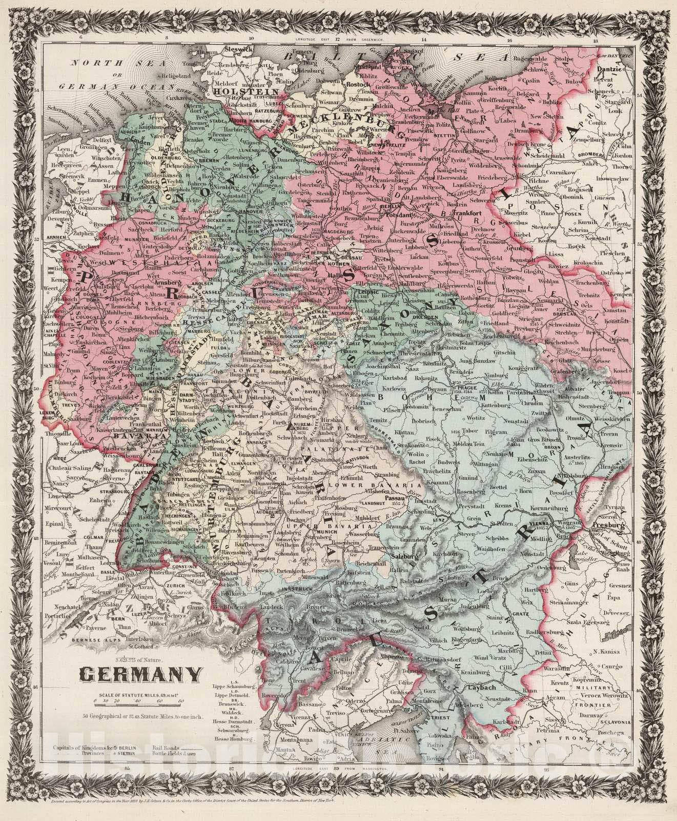 Historic Map : 1858 Germany. - Vintage Wall Art