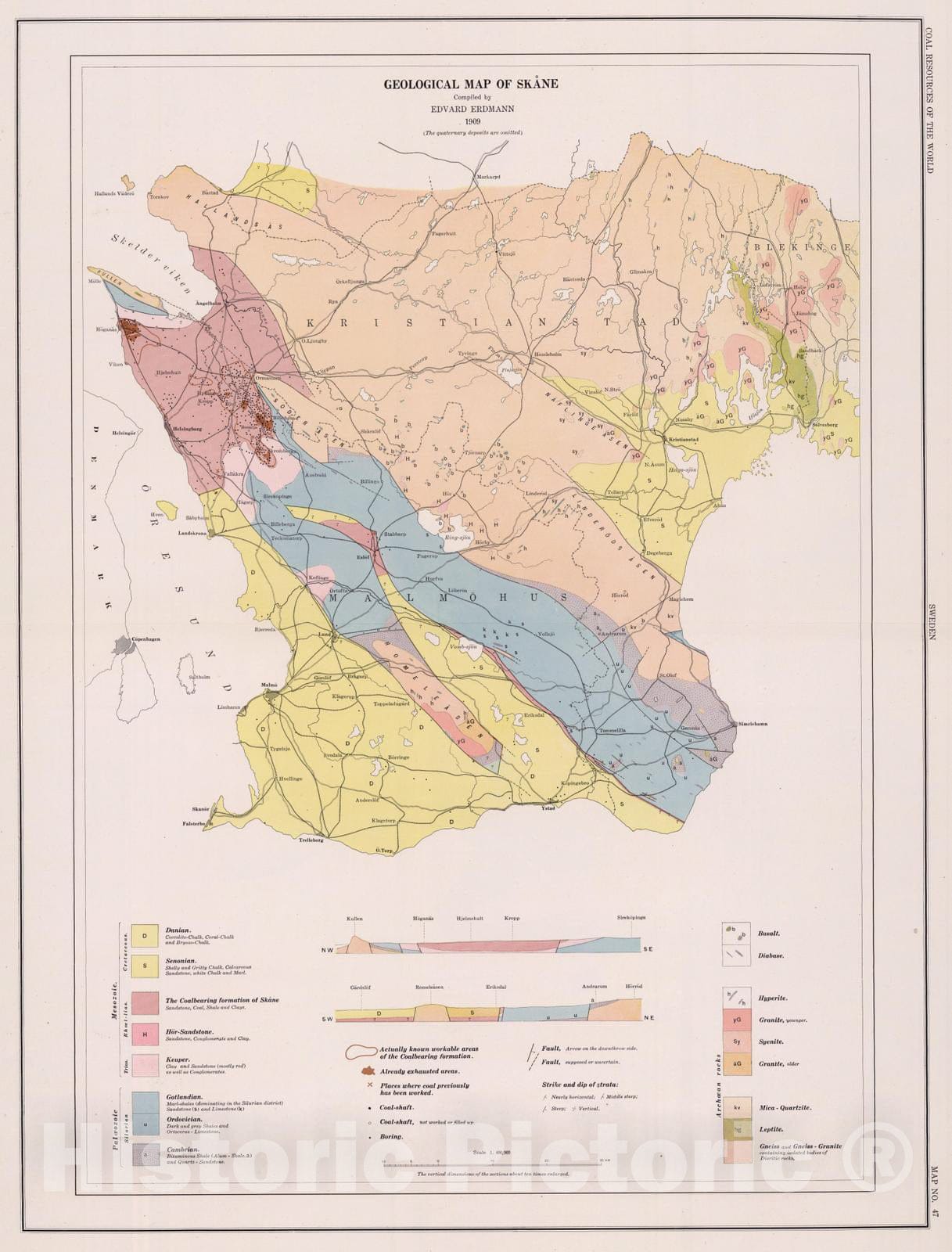 Historic Map : Geologic Atlas - 1909 Skane, Sweden. Coal Resources of the World. - Vintage Wall Art