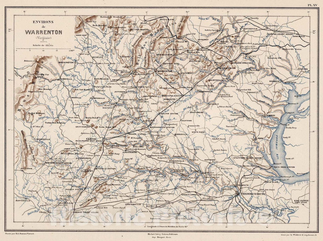 Historic Map : Virginia, 1875 Planche XV. Environs de Warrenton (Virginie). , Vintage Wall Art