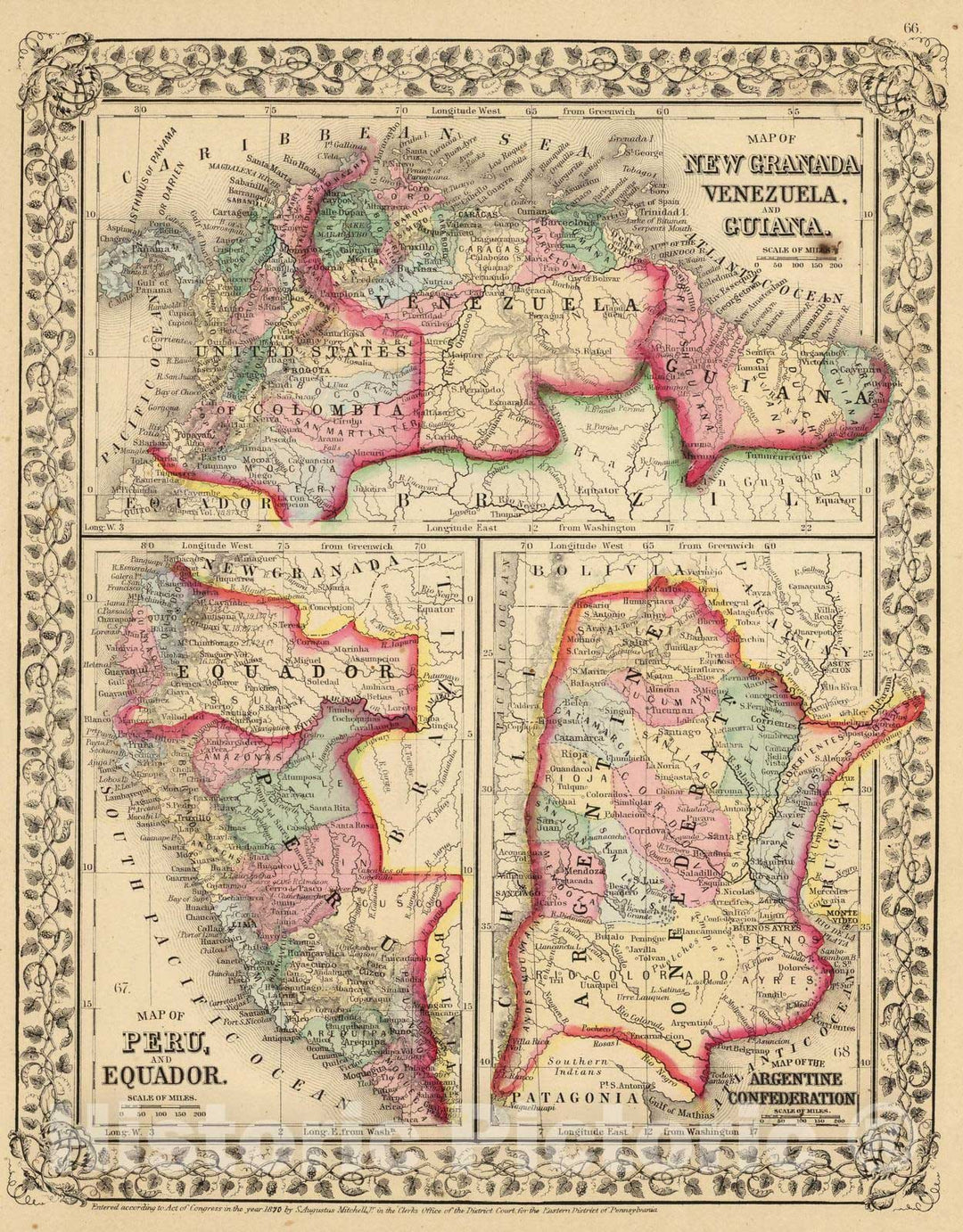 Historic Map : Colombia; Venezuela, Guiana, South America 1870 New Granada, Venezuela, Guiana. , Vintage Wall Art