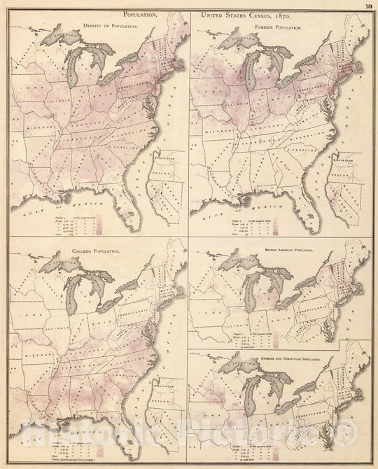 Historic Map : 1874 Population, United States Census, 1870: Density, foreign, colored, British American, Swedish and Norwegian. - Vintage Wall Art