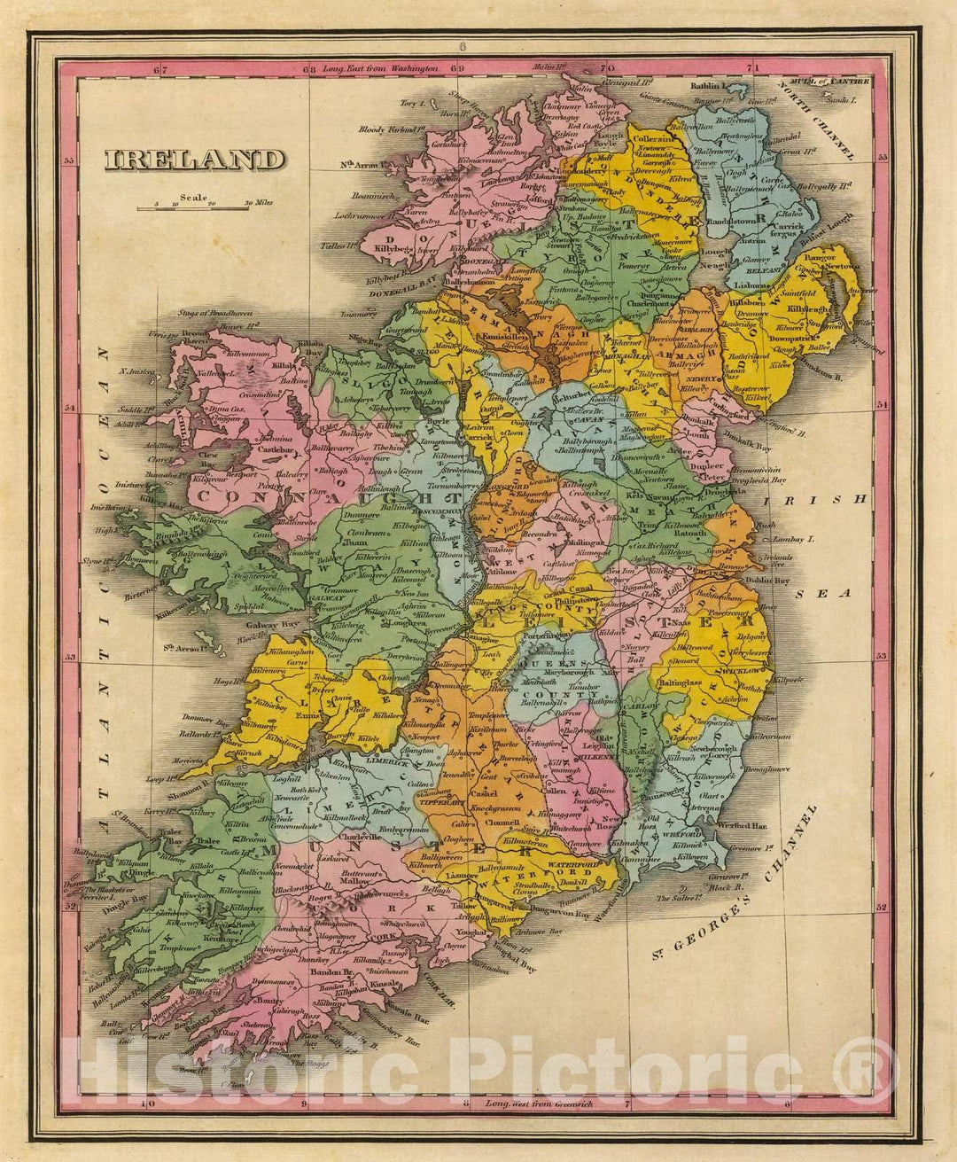 Historic Wall Map : 1845 Ireland. v2 - Vintage Wall Art