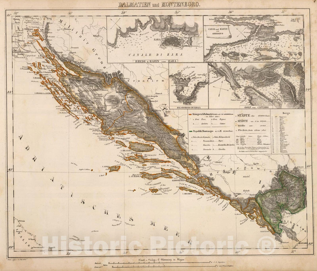 Historic Map : Croatia; Montenegro, 1855 Dalmatien, Montenegro. , Vintage Wall Art