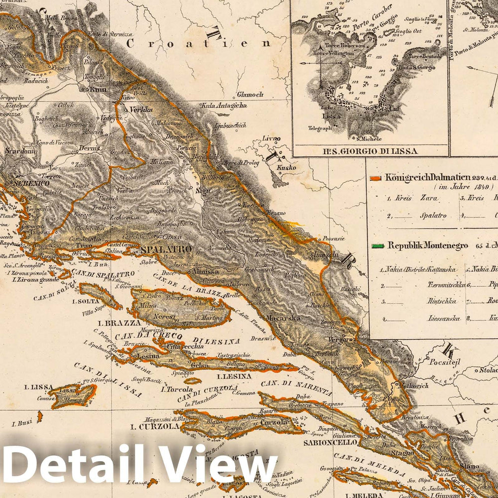 Historic Map : Croatia; Montenegro, 1855 Dalmatien, Montenegro. , Vintage Wall Art