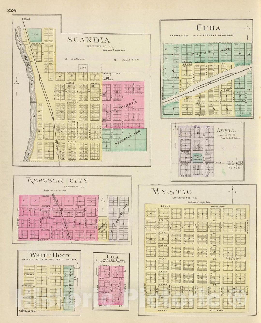 Historic Map : Mystic (Kan.), Kansas, 1887 Scandia, Mystic, White Rock, Ida, Cuba, Adell. , Vintage Wall Art