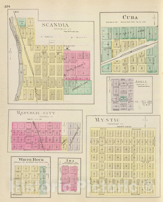 Historic Map : Mystic (Kan.), Kansas, 1887 Scandia, Mystic, White Rock, Ida, Cuba, Adell. , Vintage Wall Art