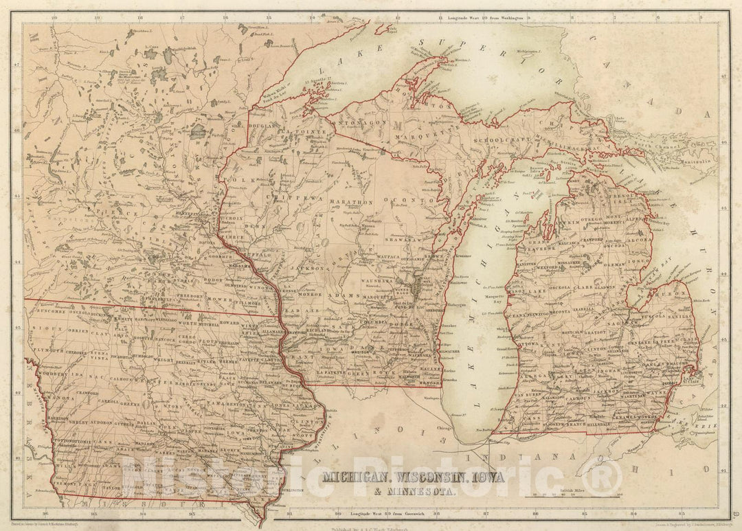 Historic Map : National Atlas - 1856 Michigan, Wisconsin, Iowa, Minnesota. - Vintage Wall Art