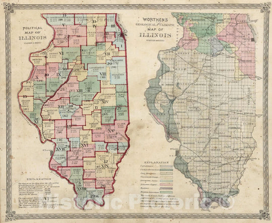 Historic Map : National Atlas - 1872 Political Map of Illinois. Worthen's Geological and Climate Map of Illinois. - Vintage Wall Art