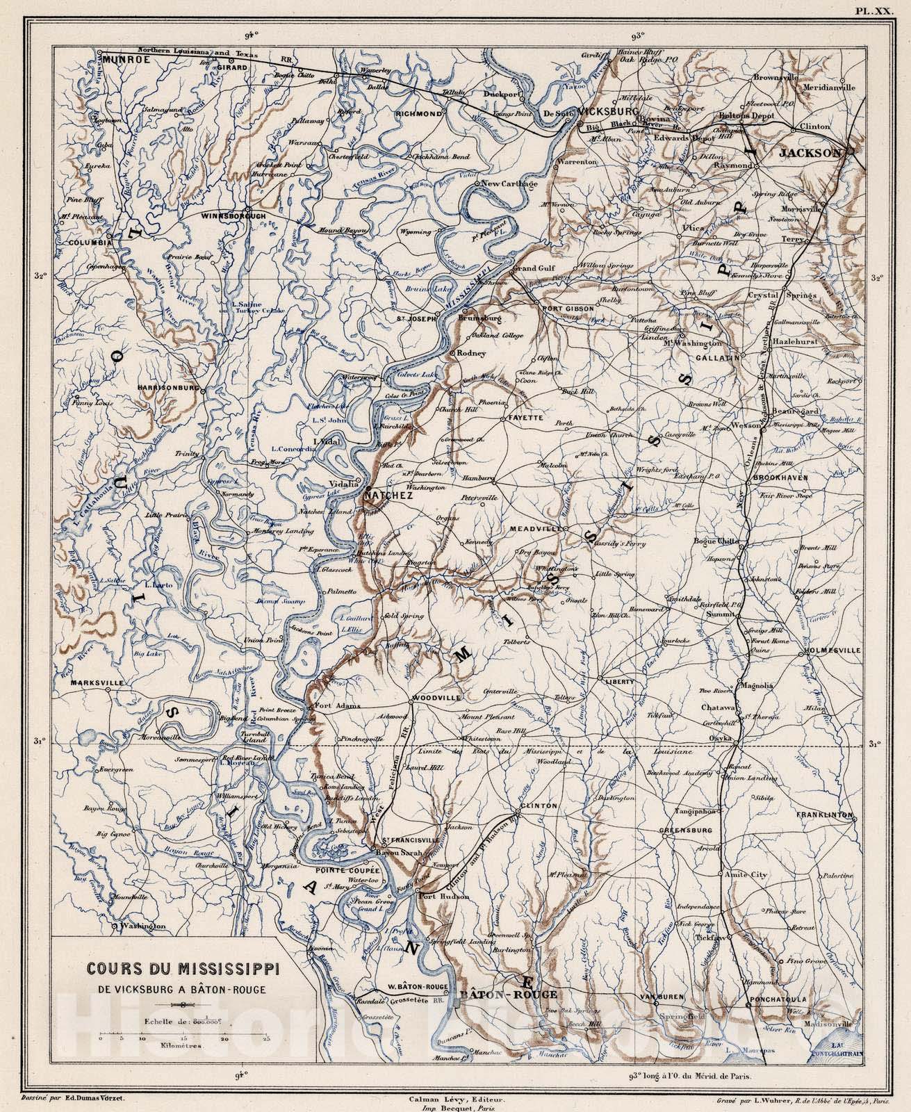 Historic Map : Mississippi, Mississippi River 1875 Planche XX. Cours du Mississippi de Vicksburg a Baton-Rouge. , Vintage Wall Art