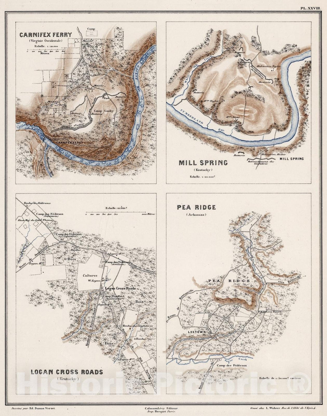 Historic Map : 1875 Planche XXVIII. Carnifex Ferry (Virginie Occidentale). Mill Spring, and Logan Cross Roads (Kentucky). Pea Ridge (Arkansas). - Vintage Wall Art