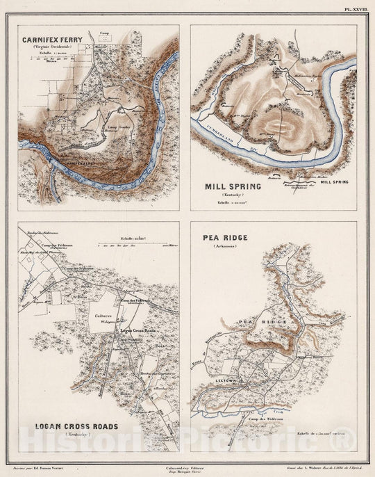 Historic Map : 1875 Planche XXVIII. Carnifex Ferry (Virginie Occidentale). Mill Spring, and Logan Cross Roads (Kentucky). Pea Ridge (Arkansas). - Vintage Wall Art