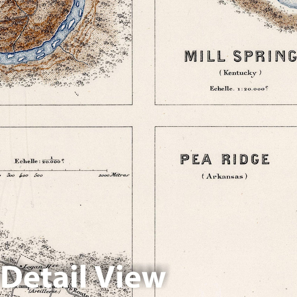 Historic Map : 1875 Planche XXVIII. Carnifex Ferry (Virginie Occidentale). Mill Spring, and Logan Cross Roads (Kentucky). Pea Ridge (Arkansas). - Vintage Wall Art