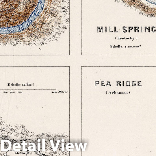 Historic Map : 1875 Planche XXVIII. Carnifex Ferry (Virginie Occidentale). Mill Spring, and Logan Cross Roads (Kentucky). Pea Ridge (Arkansas). - Vintage Wall Art