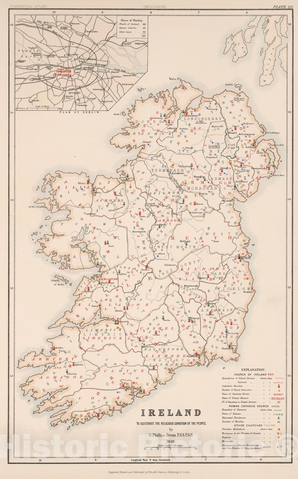 Historic Map : Statistical Atlas - 1881 Ireland to Illustrate the Religious Condition of the People. - Vintage Wall Art