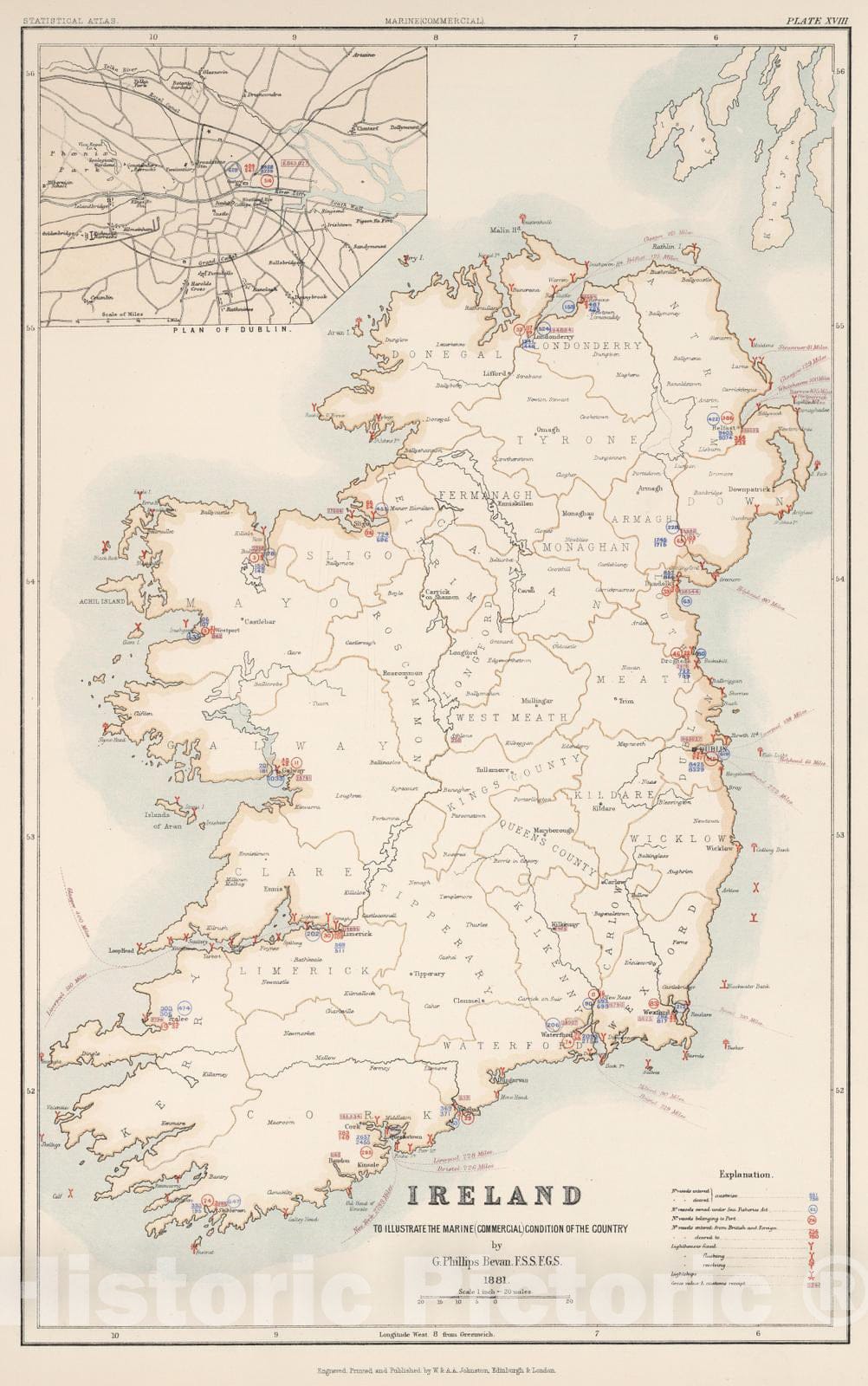 Historic Map : Statistical Atlas - 1881 Ireland to Illustrate the Marine Commercial Position of the Country. - Vintage Wall Art