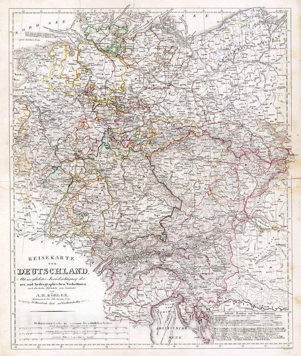 Historic Map : Germany, 1847 Reisekarte von Deutschland , Vintage Wall Art