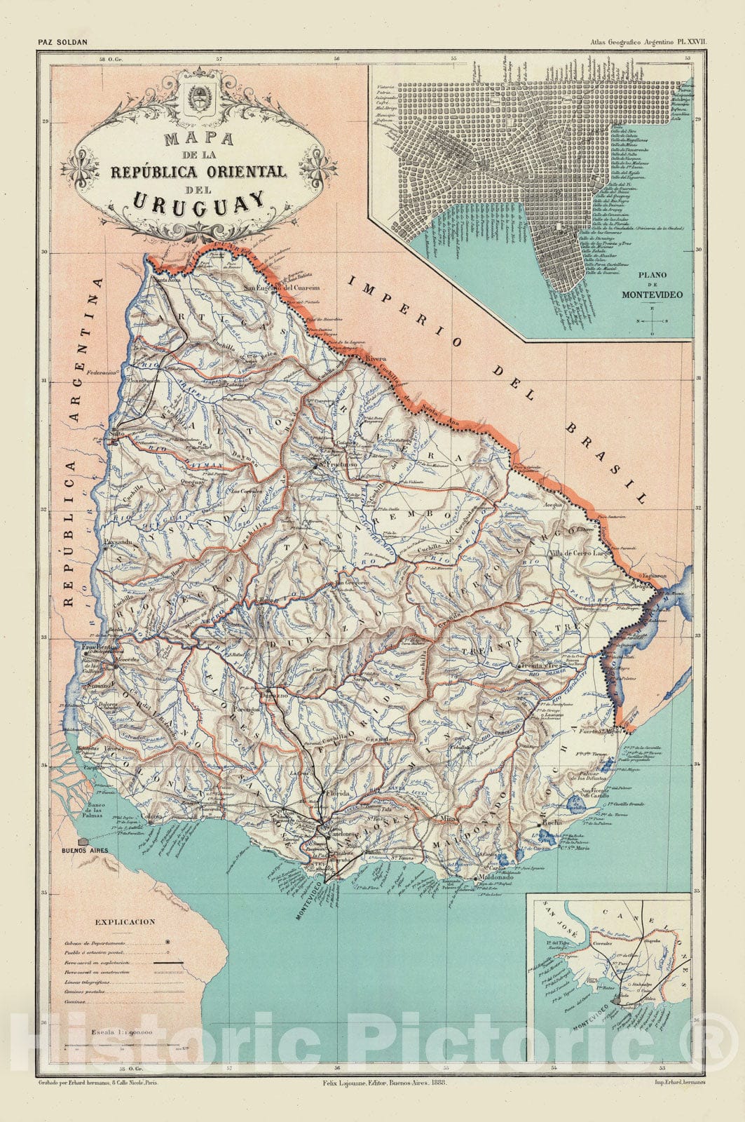 Historic Map - National Atlas - 1888 Mapa de la Republica Oriental del Uruguay. - Vintage Wall Art