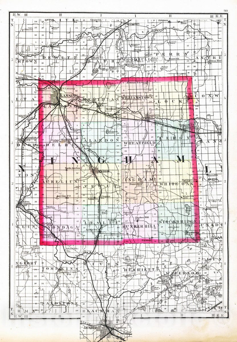 Historic Map : 1873 (Map of Ingham County, Michigan) - Vintage Wall Art