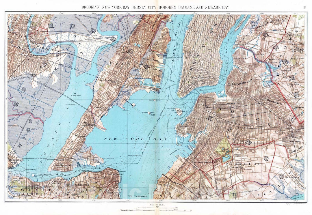 Historic Map : City Atlas - 1891 Brooklyn, N.Y. Bay, Jersey City, Hoboken, Bayonne, Newark Bay. - Vintage Wall Art