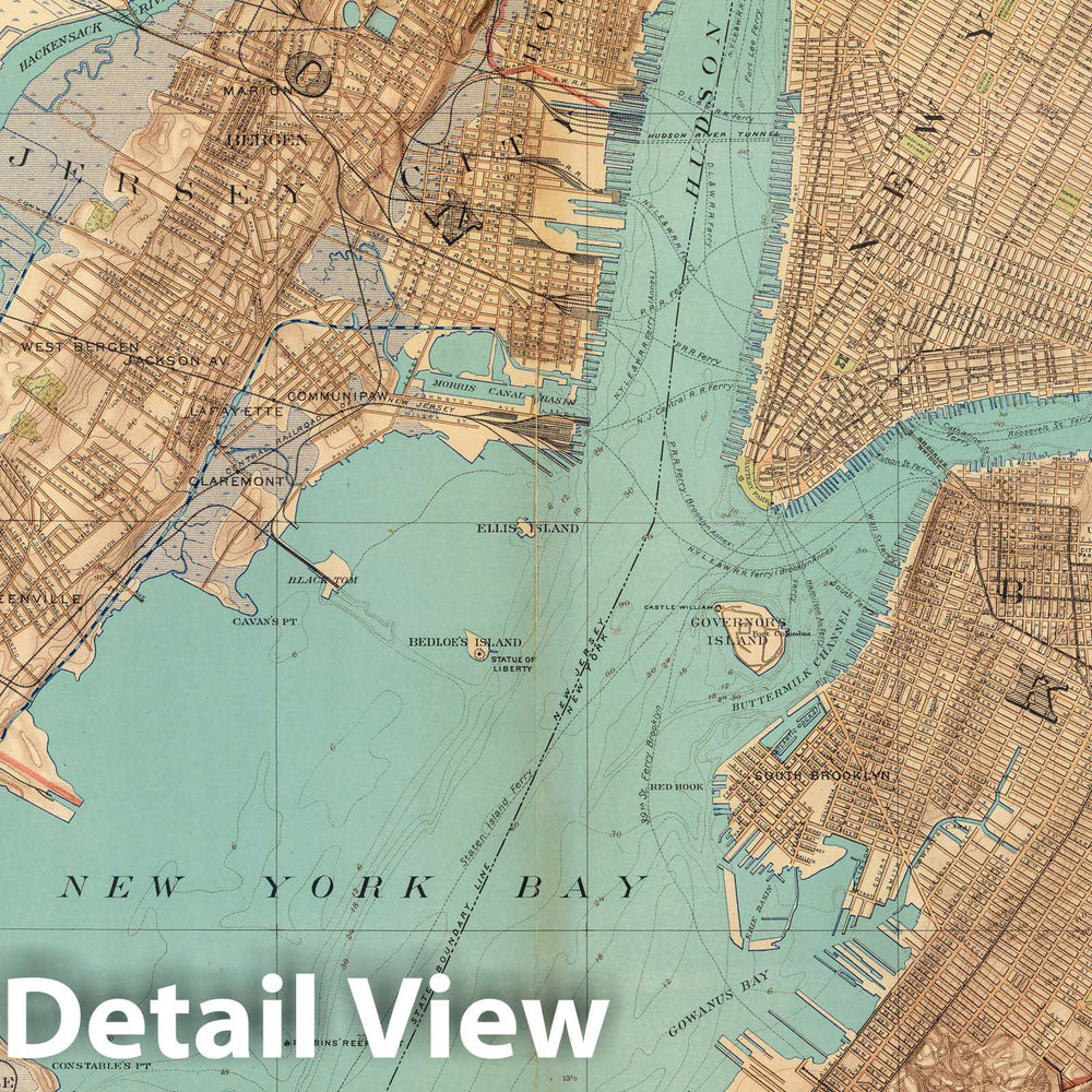 Historic Map : City Atlas - 1891 Brooklyn, N.Y. Bay, Jersey City, Hoboken, Bayonne, Newark Bay. - Vintage Wall Art