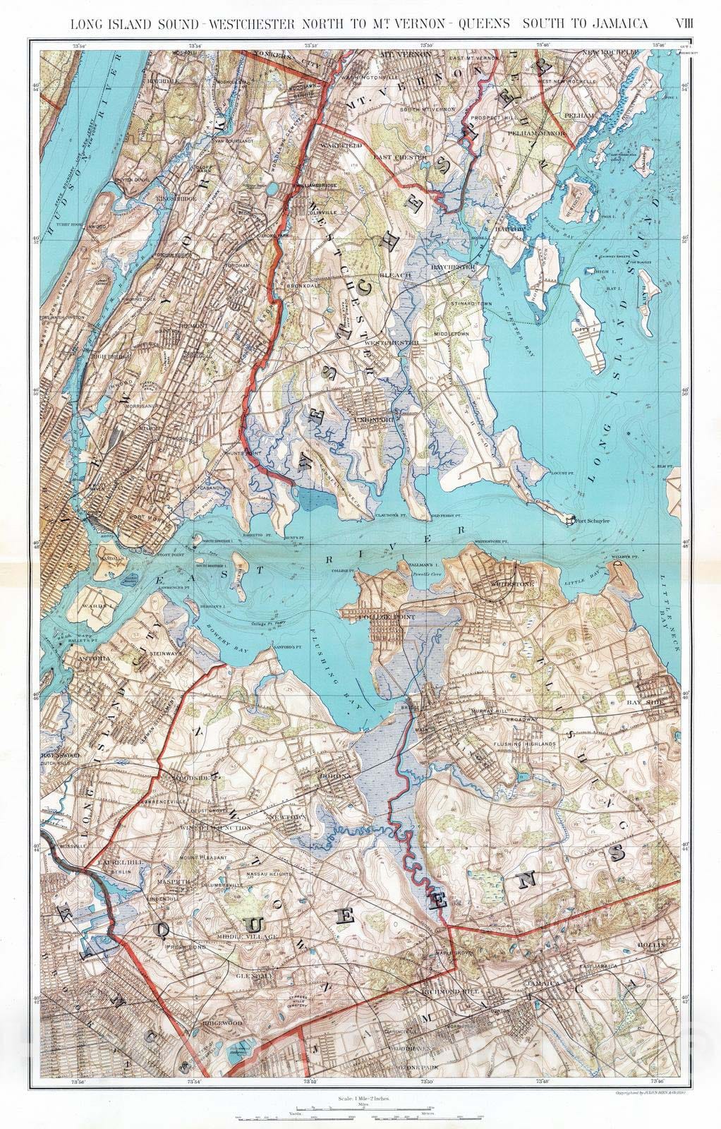 Historic Map : City Atlas - 1891 Long I. Sound, Westchester, Queens. - Vintage Wall Art