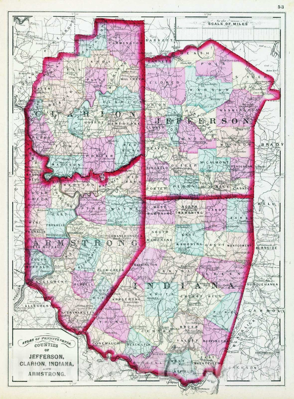 Historic Map - 1872 Jefferson, Clarion, Indiana, Armstrong counties, Atlas - Vintage Wall Art