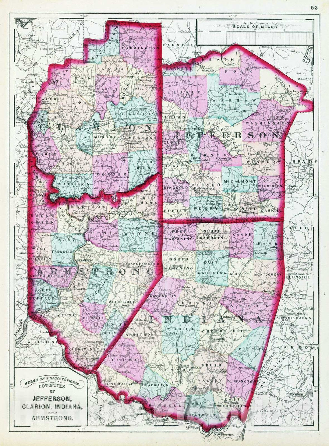 Historic Map - 1872 Jefferson, Clarion, Indiana, Armstrong counties, Atlas - Vintage Wall Art