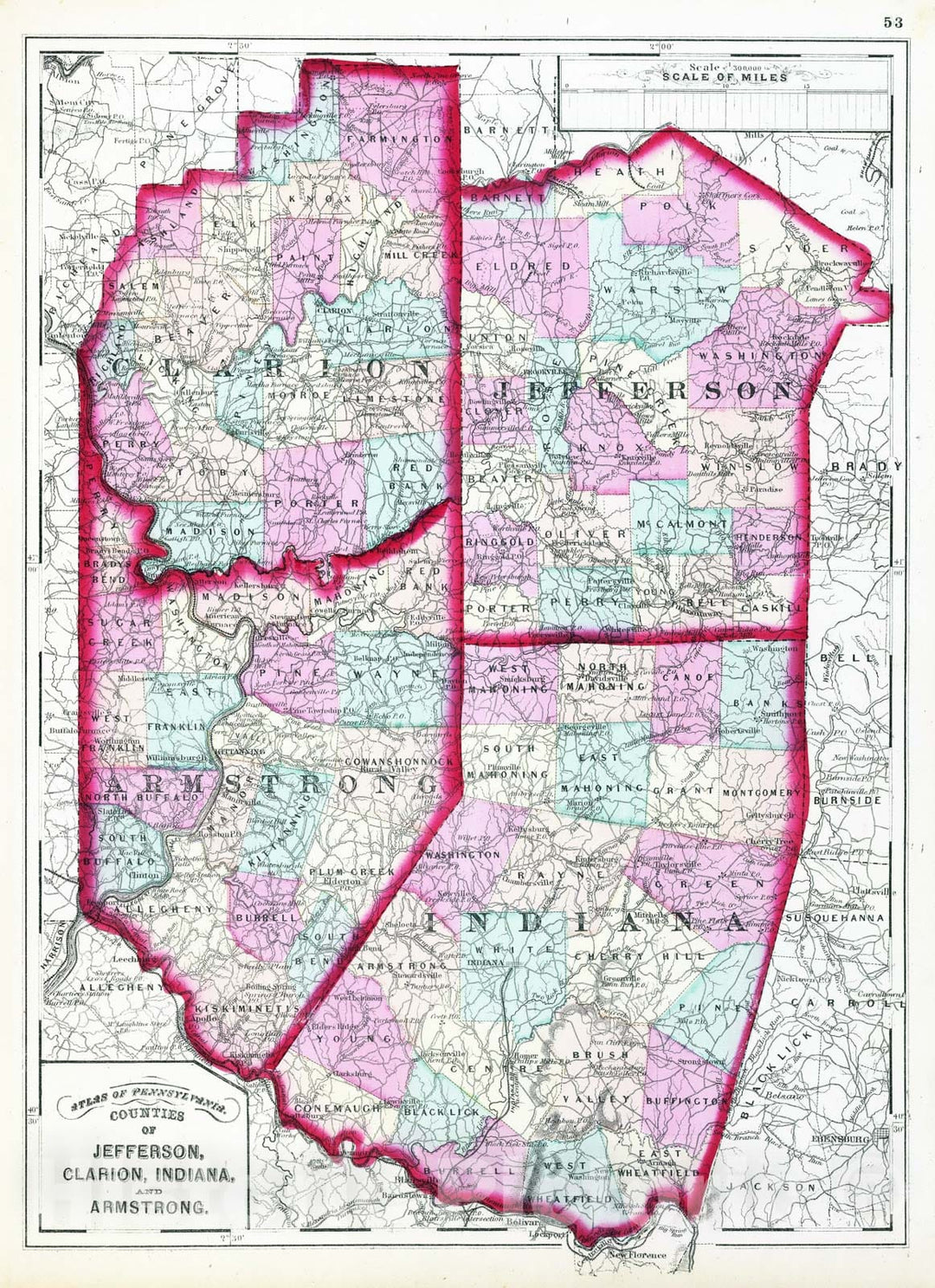 Historic Map - 1872 Jefferson, Clarion, Indiana, Armstrong counties, Atlas - Vintage Wall Art