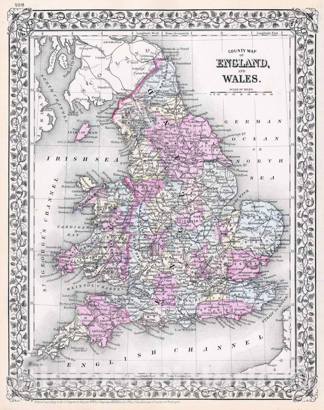 Historic Wall Map : 1880 England, Wales. - Vintage Wall Art