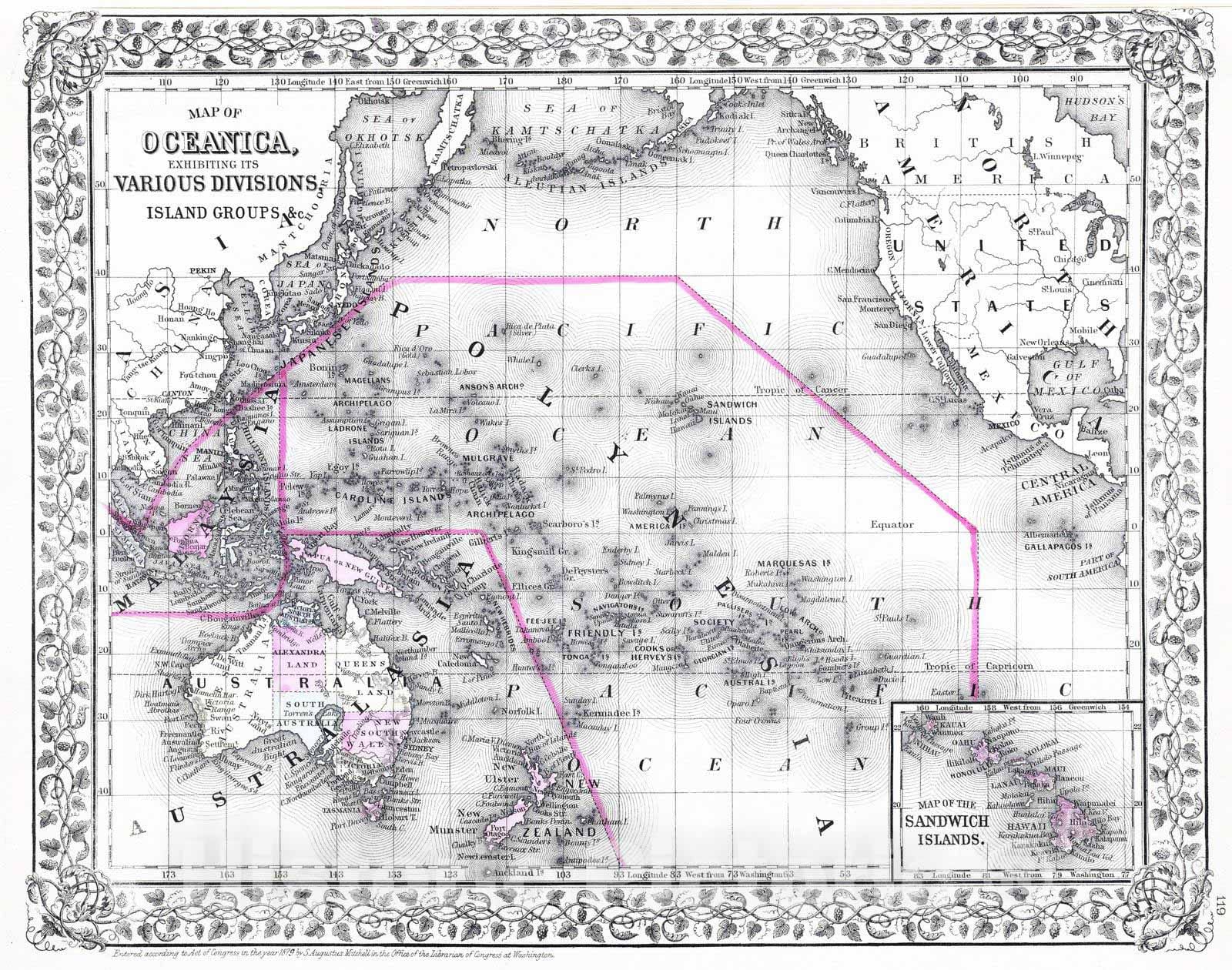 Historic Map : 1880 Oceanica, Sandwich Islands. - Vintage Wall Art